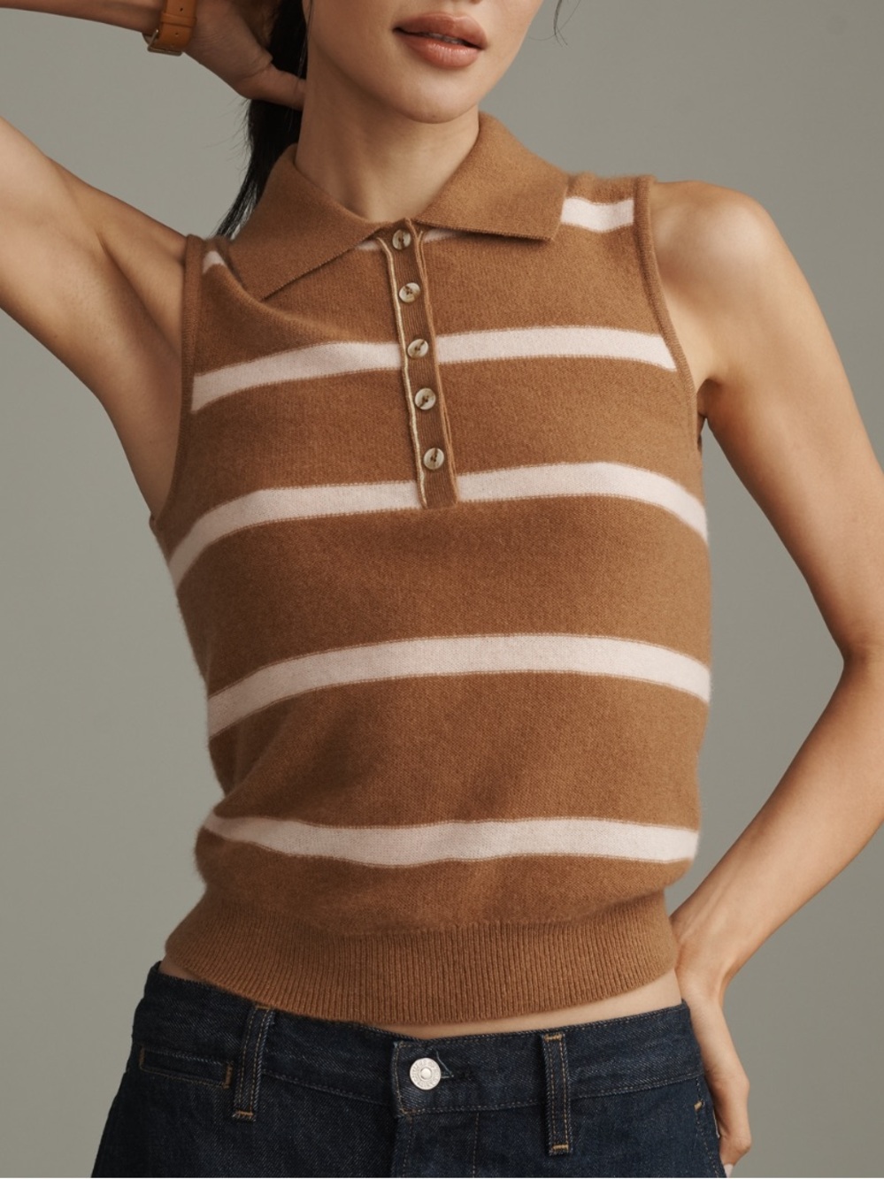 Anthropologie Pilcro Cashmere Striped Sleeveless Polo Tank in Camel and Cream